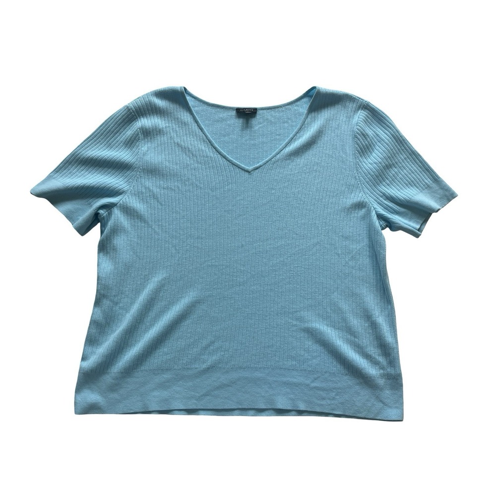 Talbots Petites Size XLP V-Neck Ribbed Sky Blue Sweater Short Sleeve Stretchy